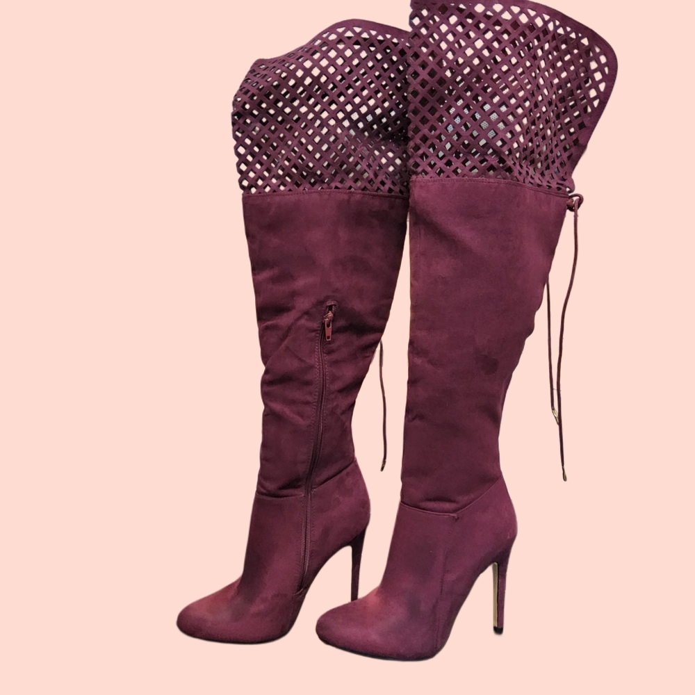 JustFab Purple Over the Knee Boots with Stiletto Heel and Suede Finish